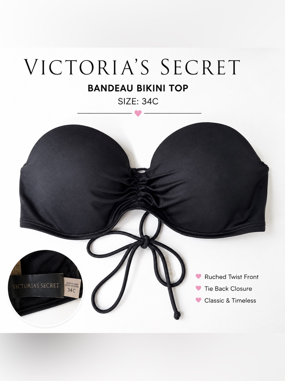 Victoria’s Secret Black Bandeau Bikini Top | 34C